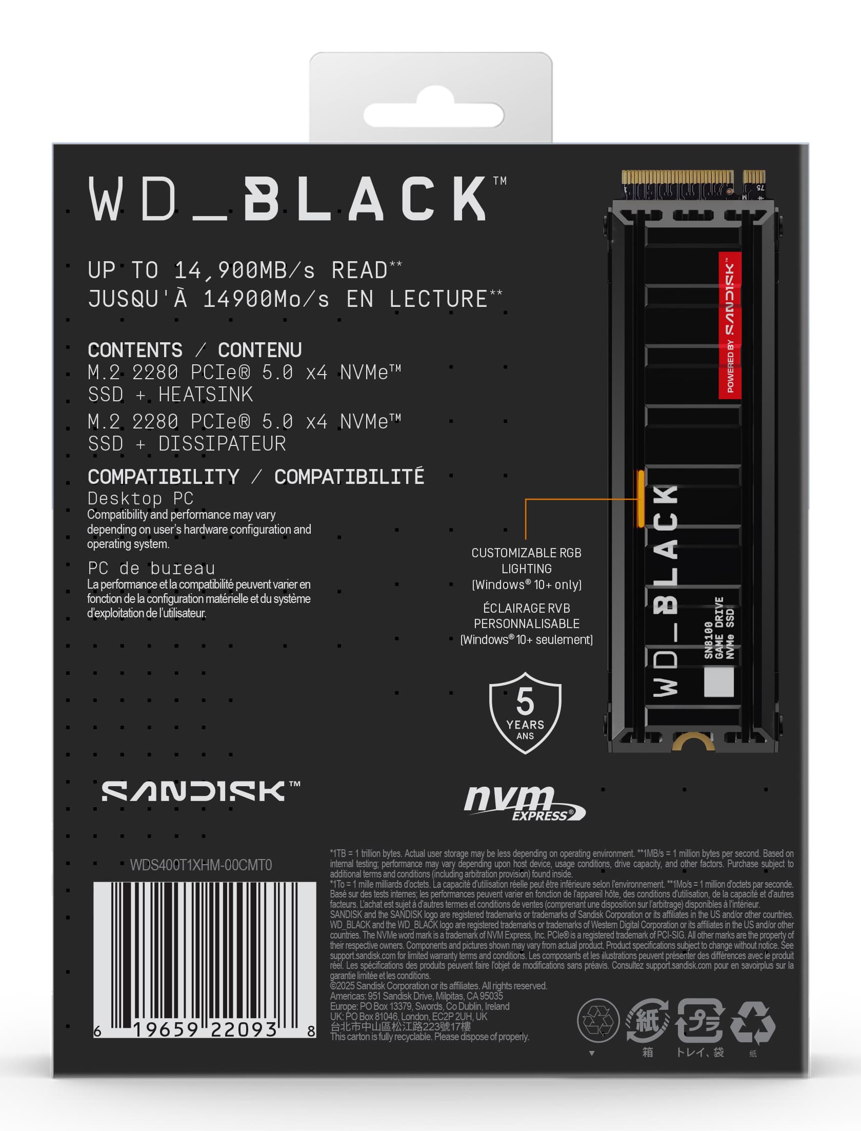 SSD WD_BLACK SN8100 HeatSink 4TB M.2 2280 PCIe Gen5 x4 NVMe, Read/Write: 14900/14000 MBps, IOPS 2300K/2400K, TBW: 2400, powered by SanDisk "WDS400T1XHM-00CMT0" — miniatură