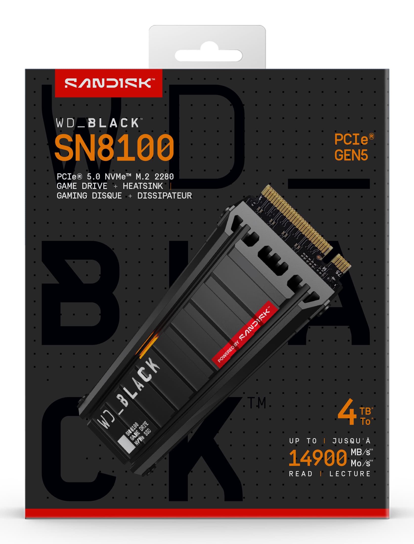 SSD WD_BLACK SN8100 HeatSink 4TB M.2 2280 PCIe Gen5 x4 NVMe, Read/Write: 14900/14000 MBps, IOPS 2300K/2400K, TBW: 2400, powered by SanDisk "WDS400T1XHM-00CMT0" — miniatură