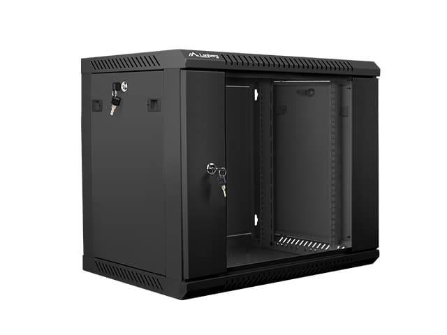 Dulap rack de perete 19", 9U, 600x450 mm, usa din sticla, negru, V2 — miniatură