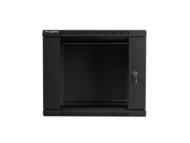 Dulap rack de perete 19", 9U, 600x450 mm, usa din sticla, negru, V2 — miniatură