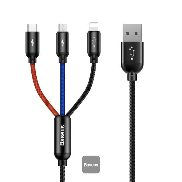 CABLU alimentare si date Baseus Three Primary Colors, pt. smartphone, USB la Micro-USB+Lightning+USB Type-C 3.5A, 1.2m, negru "CAMLT-BSY01" - 6953156273948
