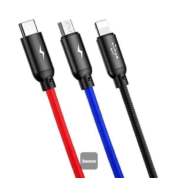 CABLU alimentare si date Baseus Three Primary Colors, pt. smartphone, USB la Micro-USB+Lightning+USB Type-C 3.5A, 1.2m, negru "CAMLT-BSY01" - 6953156273948 — miniatură