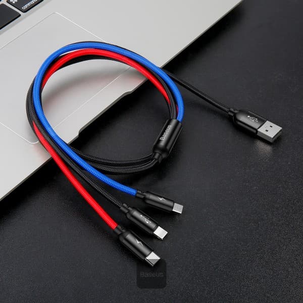 CABLU alimentare si date Baseus Three Primary Colors, pt. smartphone, USB la Micro-USB+Lightning+USB Type-C 3.5A, 1.2m, negru "CAMLT-BSY01" - 6953156273948 — miniatură