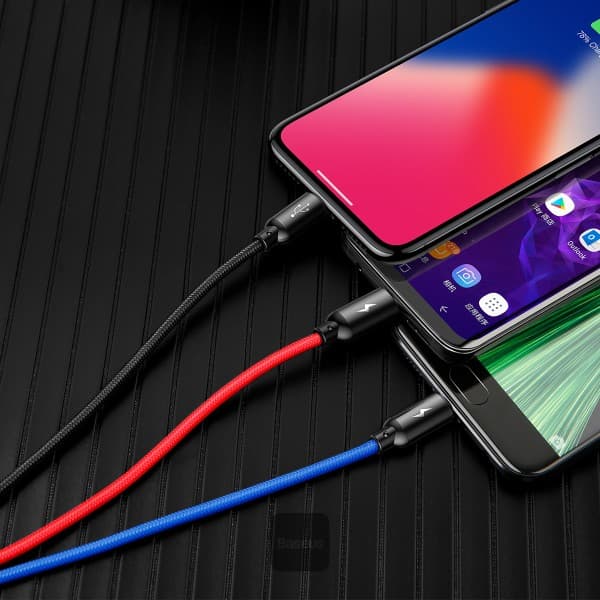 CABLU alimentare si date Baseus Three Primary Colors, pt. smartphone, USB la Micro-USB+Lightning+USB Type-C 3.5A, 1.2m, negru "CAMLT-BSY01" - 6953156273948 — miniatură