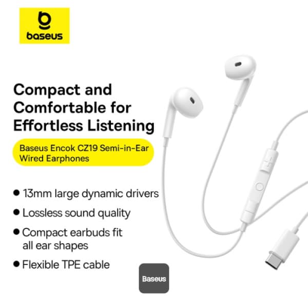 CASTI Baseus Encok CZ19, in ear, pt smartphone, microfon pe casca, conectare prin cablu USB Type-C, alb "A00182201213-00" - 6932172682965 — miniatură