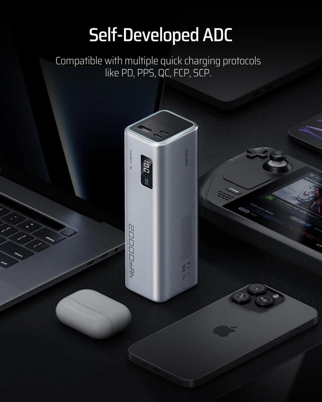 POWER BANK Cuktech Series 2C1A, 20000mAh, 85W, 1 x USB; 2 x USB Type-C, digital display pt. status baterie, gri "CUKP200XGLGR" — miniatură