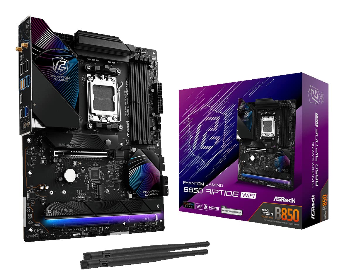 Placa de baza AsRock B850 Phantom Gaming Riptide Wi-Fi, Skt. AM5, WiFi, ATX, 4xDDR5, 4xSATA, 4xM.2, PCI-E 5.0 x 16, "90-MXBQT-A0UAYZ"