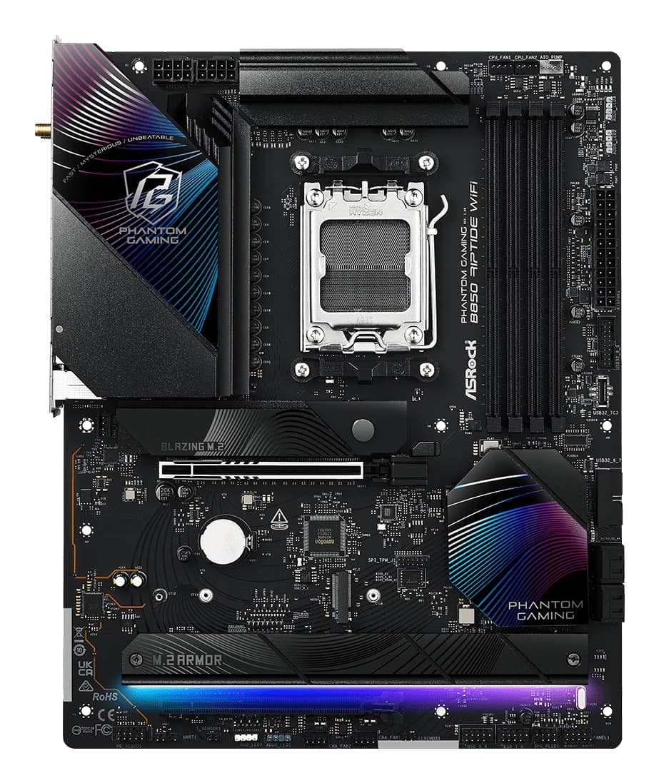 Placa de baza AsRock B850 Phantom Gaming Riptide Wi-Fi, Skt. AM5, WiFi, ATX, 4xDDR5, 4xSATA, 4xM.2, PCI-E 5.0 x 16, "90-MXBQT-A0UAYZ" — miniatură
