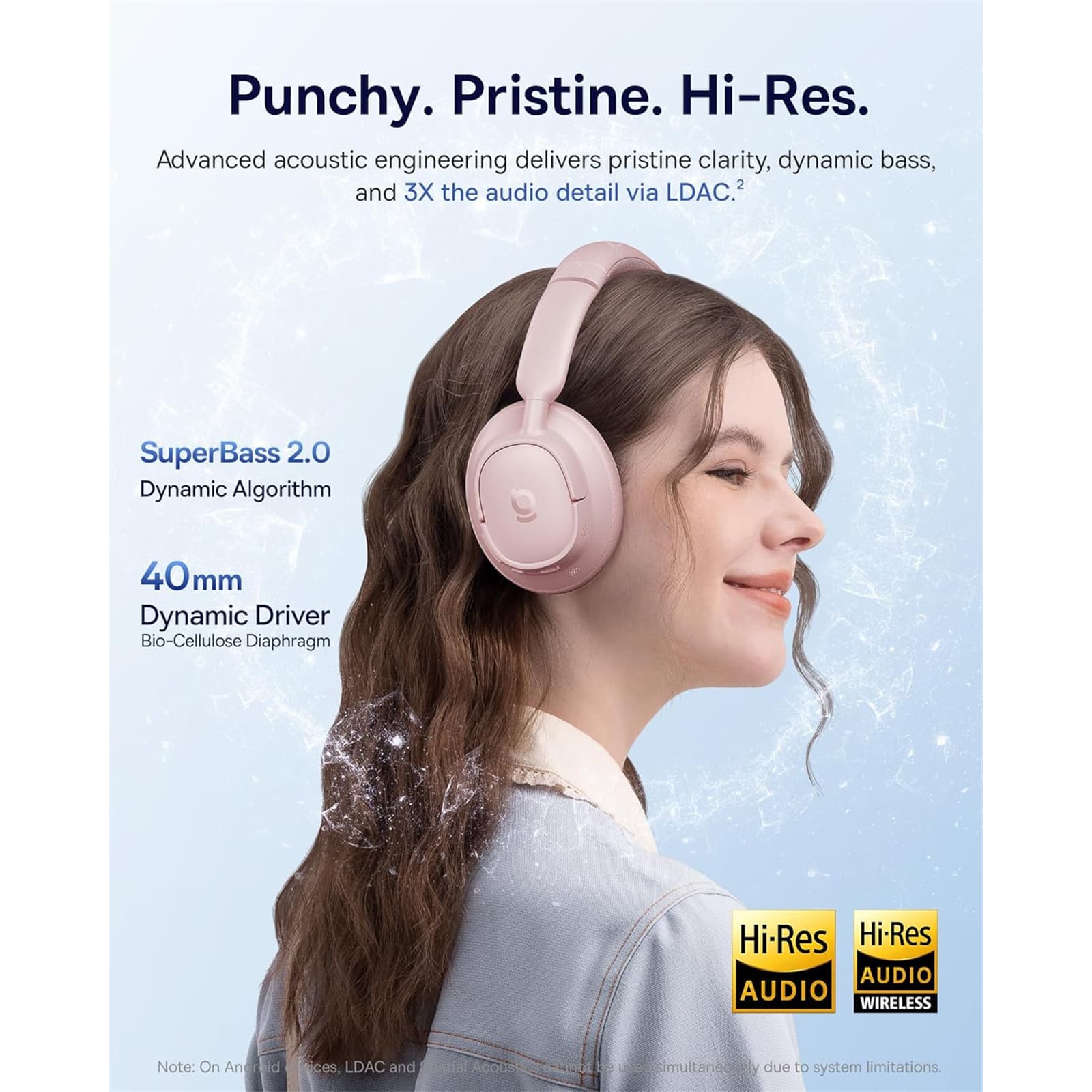 CASTI Baseus Inspire BH1, Wireless Noise Cancelling Headphones OS, pt smartphone, over-ear, sunet Hi-Res, microfon pe casca, conectare prin Bluetooth 5.0, roz "A0203704" - 6932172698584 — miniatură