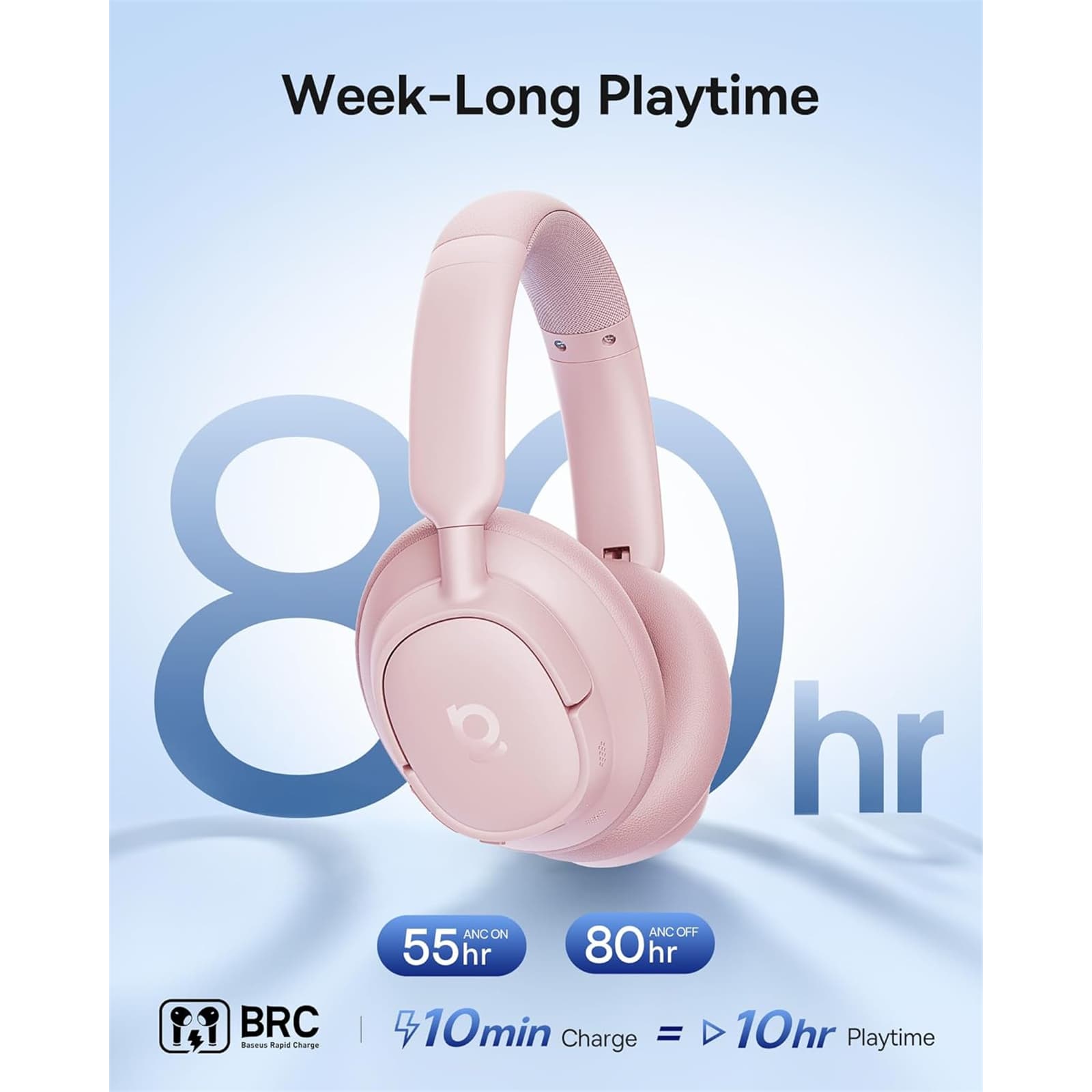 CASTI Baseus Inspire BH1, Wireless Noise Cancelling Headphones OS, pt smartphone, over-ear, sunet Hi-Res, microfon pe casca, conectare prin Bluetooth 5.0, roz "A0203704" - 6932172698584 — miniatură