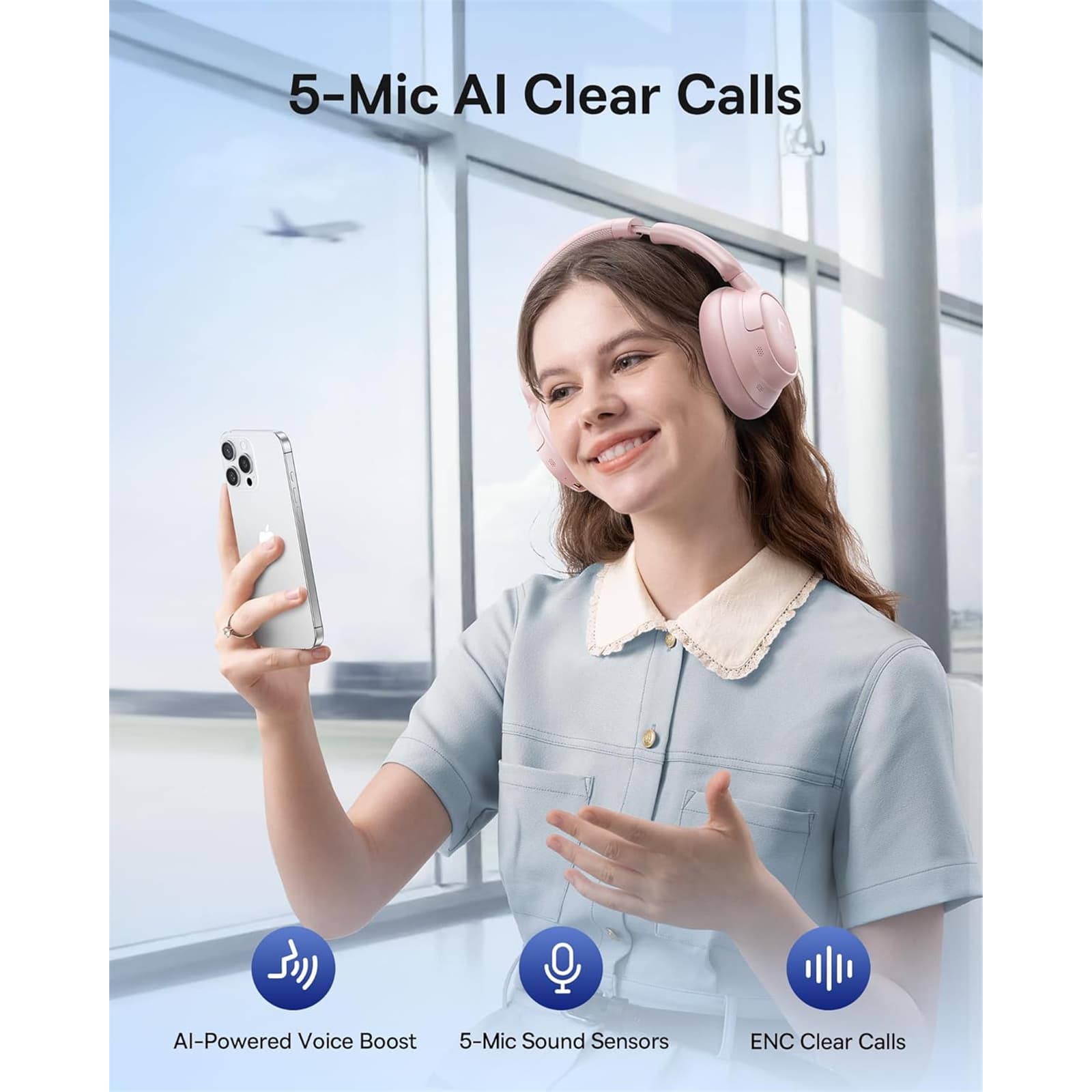 CASTI Baseus Inspire BH1, Wireless Noise Cancelling Headphones OS, pt smartphone, over-ear, sunet Hi-Res, microfon pe casca, conectare prin Bluetooth 5.0, roz "A0203704" - 6932172698584 — miniatură