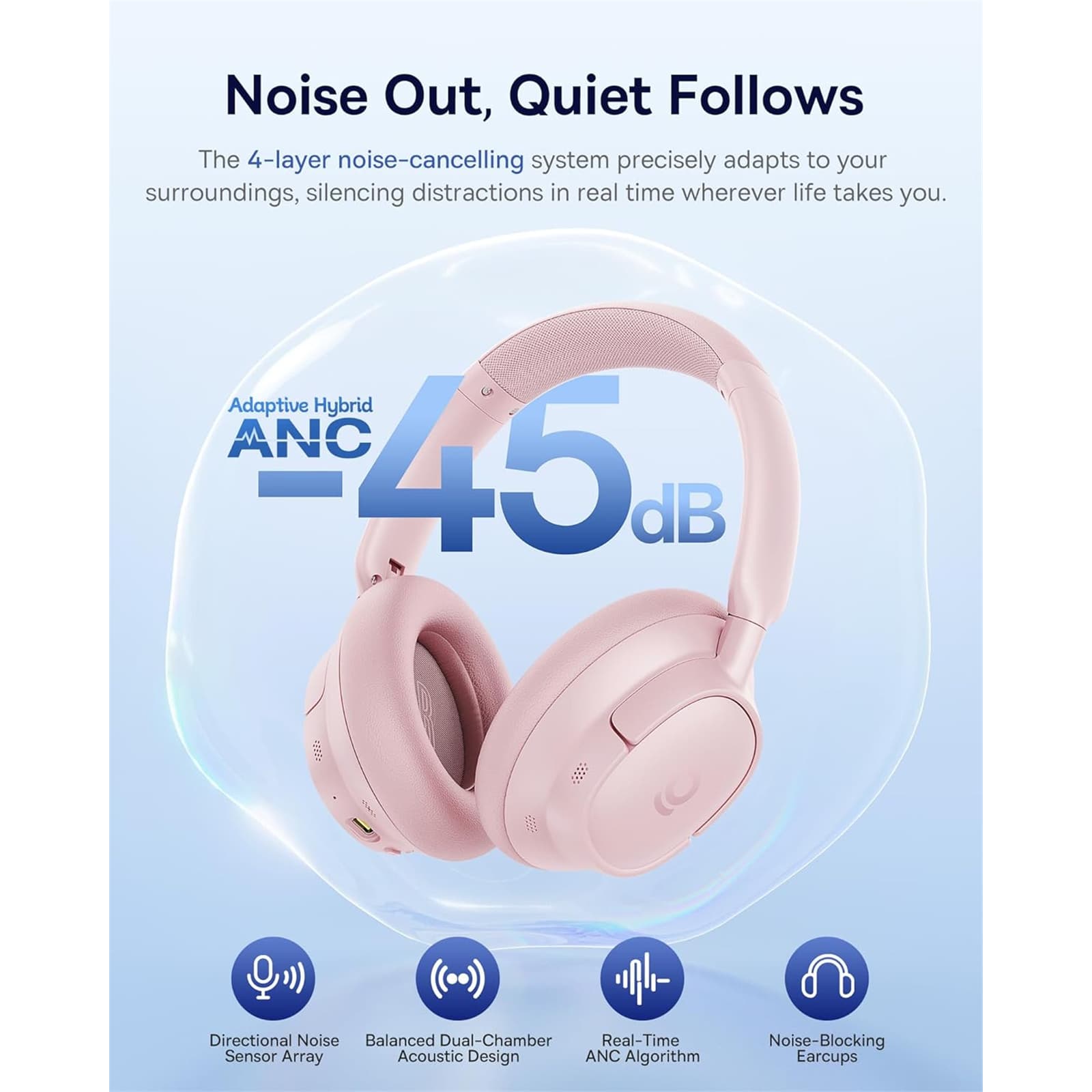 CASTI Baseus Inspire BH1, Wireless Noise Cancelling Headphones OS, pt smartphone, over-ear, sunet Hi-Res, microfon pe casca, conectare prin Bluetooth 5.0, roz "A0203704" - 6932172698584 — miniatură