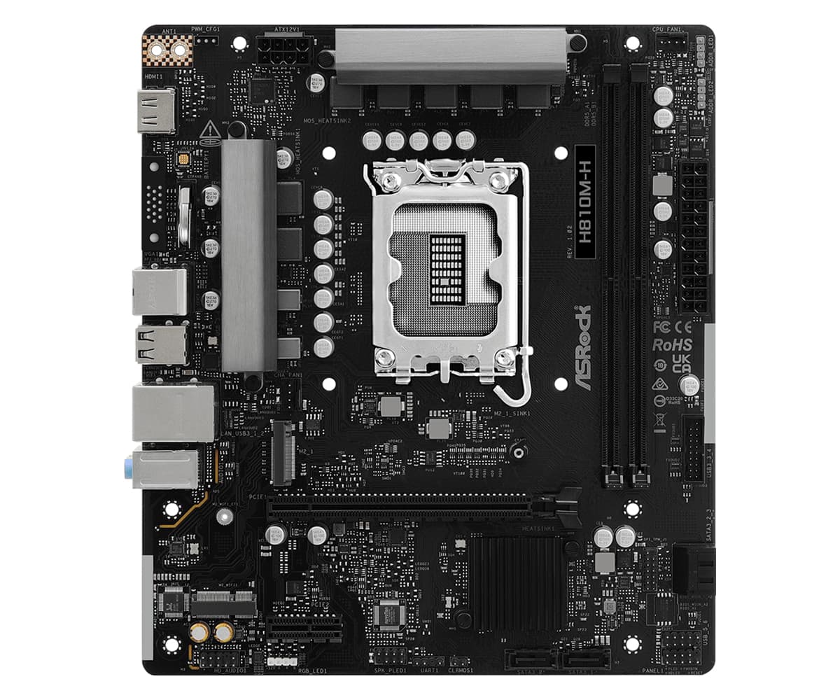 Placa de baza AsRock "H810M-H", skt. LGA 1851, chipset Intel H810, mATX, 2 x DDR5 max. 128 GB, USB 3.2 gen1 A, USB 2.0, 2.5 GHz Lan, 4 x SATA, 2 x M.2, PCIe 4.0, HDMI, "H810M-H" — miniatură