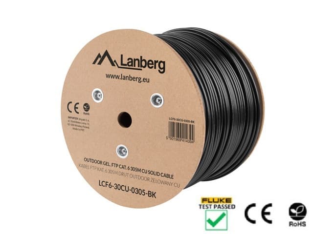 Lanberg FTP solid outdoor gel. cable, CU, cat.6, 305m, Gray "LCF6-30CU-0305-BK" — miniatură