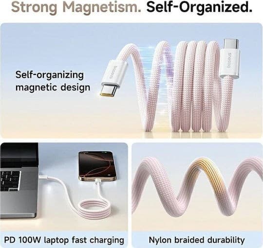 CABLU alimentare si date Baseus Dynamic 4 Pro, Fast Charging Data Cable pt. smartphone, USB Type-C la USB Type-C 100W, 1m, braided, roz "P10385200411-00" - 6932172691394 — miniatură