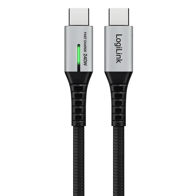 CABLU alimentare si date LOGILINK, pt. smartphone, USB 3.2, USB Gen Type-C (T) la USB Type-C (T), 0.5m, PD 240W, 3 x ecranat, 4K/60Hz, 20Gbps, LED, metal, negru, "CU0441" — miniatură