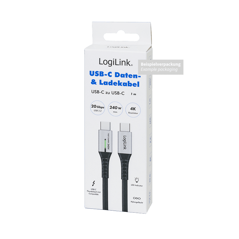 CABLU alimentare si date LOGILINK, pt. smartphone, USB 3.2, USB Gen Type-C (T) la USB Type-C (T), 0.5m, PD 240W, 3 x ecranat, 4K/60Hz, 20Gbps, LED, metal, negru, "CU0441" — miniatură