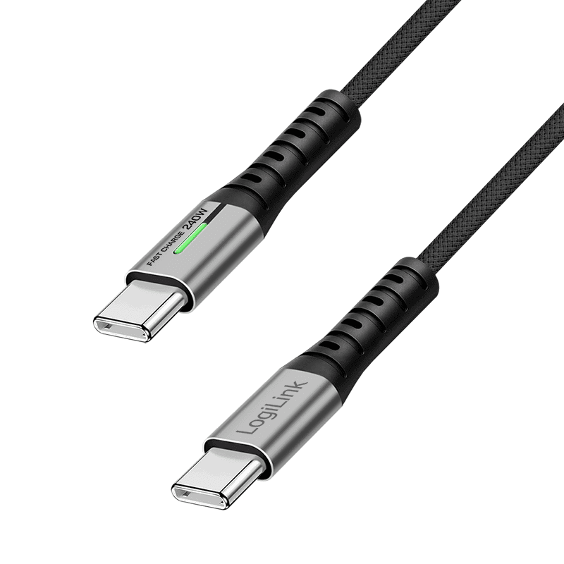 CABLU alimentare si date LOGILINK, pt. smartphone, USB 3.2, USB Gen Type-C (T) la USB Type-C (T), 0.5m, PD 240W, 3 x ecranat, 4K/60Hz, 20Gbps, LED, metal, negru, "CU0441"
