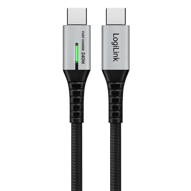 CABLU alimentare si date LOGILINK, pt. smartphone, USB 3.2, USB Gen Type-C (T) la USB Type-C (T), 2m, PD 240W, 3 x ecranat, 4K/60Hz, 20Gbps, LED, metal, negru, "CU0444" — miniatură