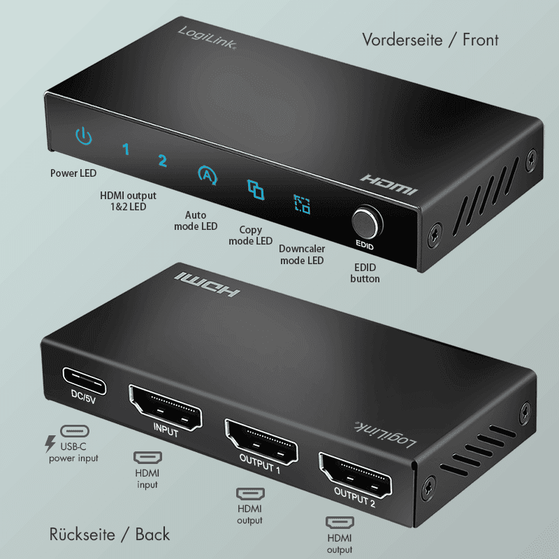 SPLITTER video LOGILINK, 1 x 2 port, Input: HDMI (M) x 1, Output: HDMI (M) 2.0 x 2, rezolutie maxima 4K UHD (3840 x 2160) la 60 Hz, HDCP 2.2, EDID, audio, negru, "HD0066" — miniatură