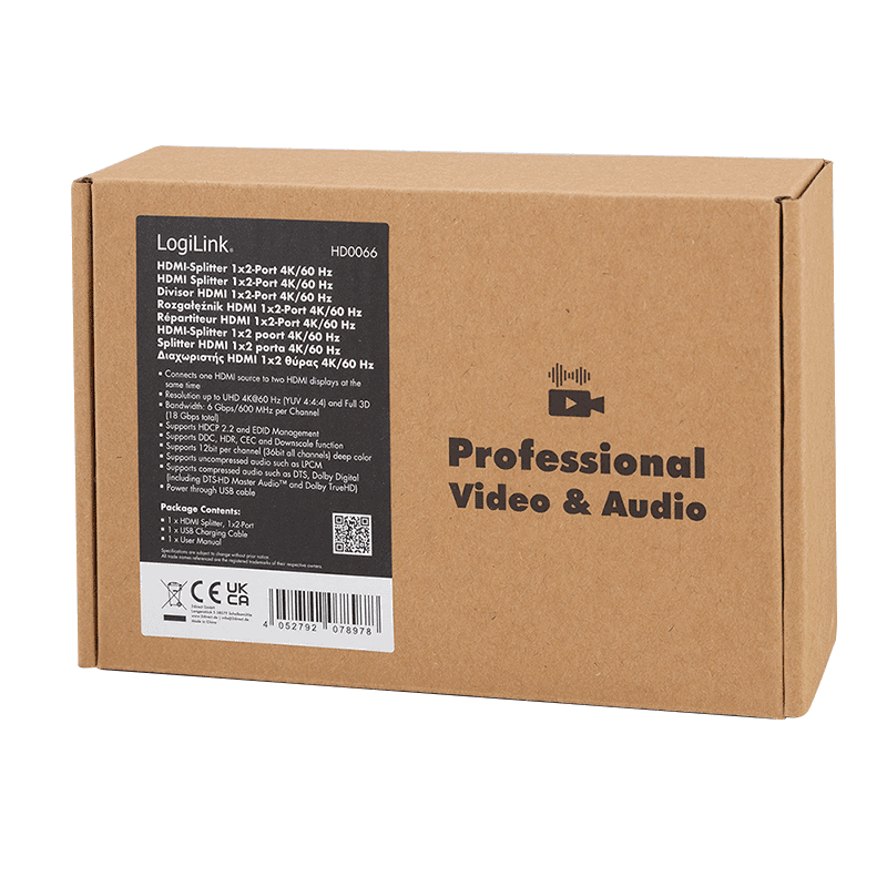 SPLITTER video LOGILINK, 1 x 2 port, Input: HDMI (M) x 1, Output: HDMI (M) 2.0 x 2, rezolutie maxima 4K UHD (3840 x 2160) la 60 Hz, HDCP 2.2, EDID, audio, negru, "HD0066" — miniatură