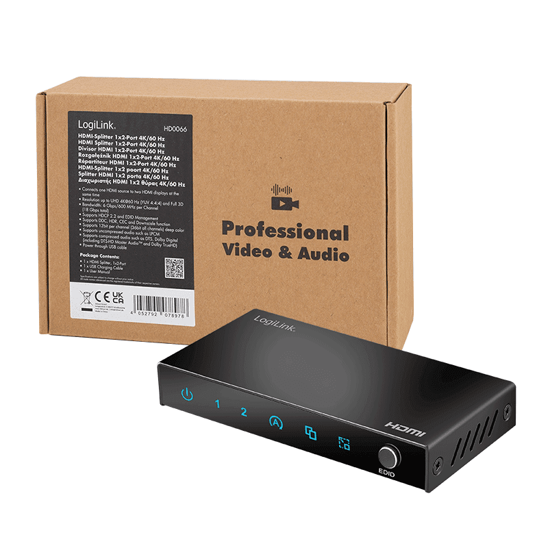 SPLITTER video LOGILINK, 1 x 2 port, Input: HDMI (M) x 1, Output: HDMI (M) 2.0 x 2, rezolutie maxima 4K UHD (3840 x 2160) la 60 Hz, HDCP 2.2, EDID, audio, negru, "HD0066" — miniatură