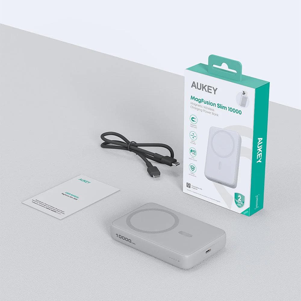 POWER BANK Aukey "PB-MS04" 10.000 mAh, 20W wireless, magnetic, 1 x USB-C, 202.8g, alb, "LLTSN1056726" - 689323790036 — miniatură