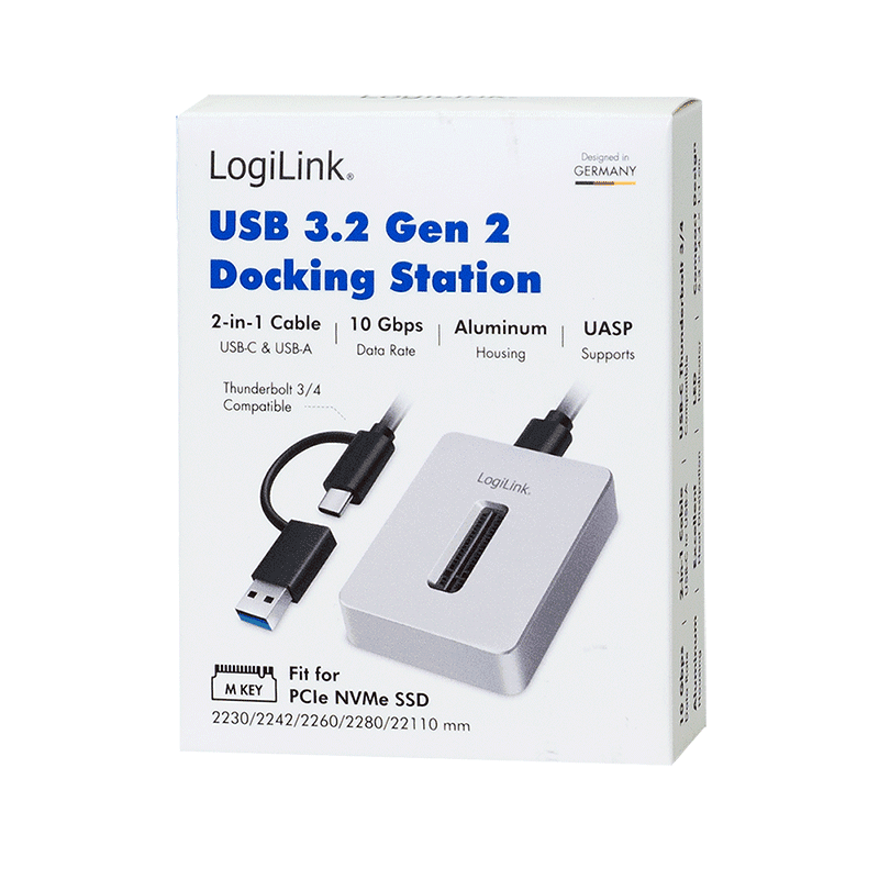 HDD DOCKING Station LOGILINK M.2 NVMe (PCIe), conectare PC USB TYPE-C 3.2 + adaptor USB-A, slot 1 x M Key 2230/2242/2260/2280/22110 mm, argintiu, "QP0034" — miniatură