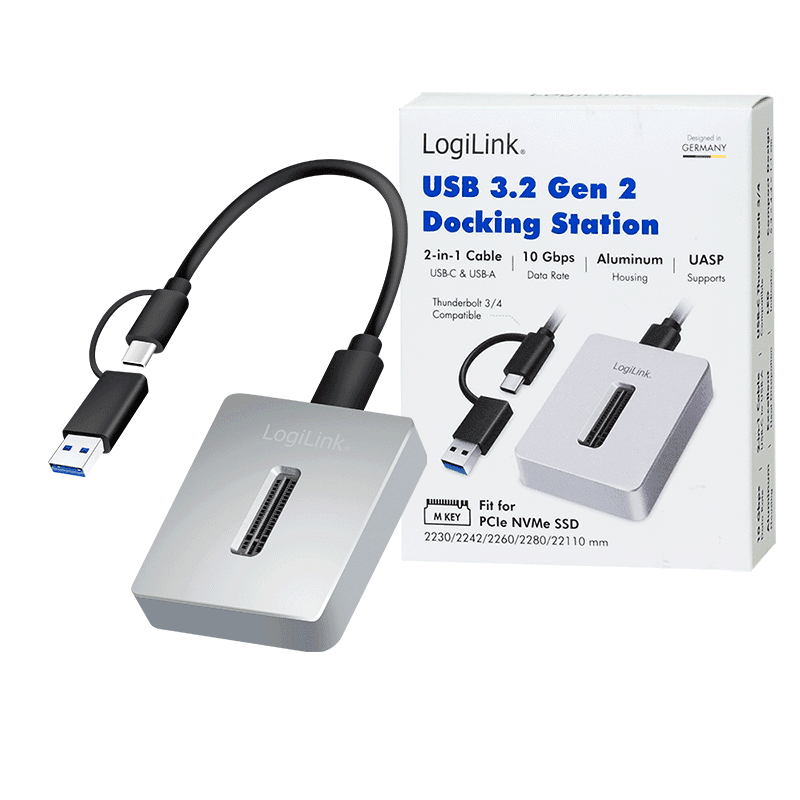 HDD DOCKING Station LOGILINK M.2 NVMe (PCIe), conectare PC USB TYPE-C 3.2 + adaptor USB-A, slot 1 x M Key 2230/2242/2260/2280/22110 mm, argintiu, "QP0034" — miniatură