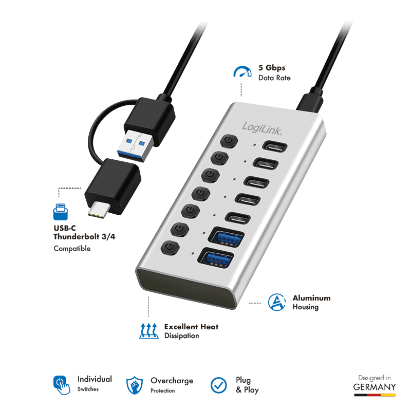 HUB extern LOGILINK, porturi USB: USB 3.2 x 7, conectare prin USB 2.0, protectie supracurent, metal, argintiu, "UA0447" — miniatură