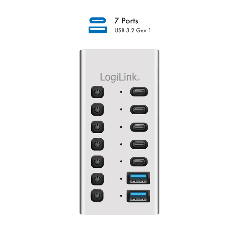HUB extern LOGILINK, porturi USB: USB 3.2 x 7, conectare prin USB 2.0, protectie supracurent, metal, argintiu, "UA0447" — miniatură