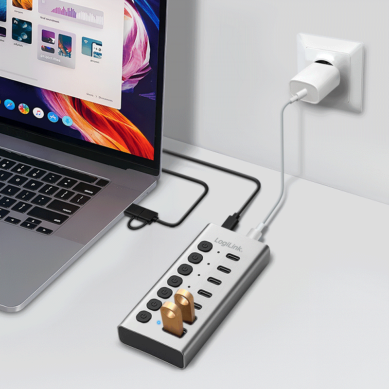 HUB extern LOGILINK, porturi USB: USB 3.2 x 7, conectare prin USB 2.0, protectie supracurent, metal, argintiu, "UA0447" — miniatură
