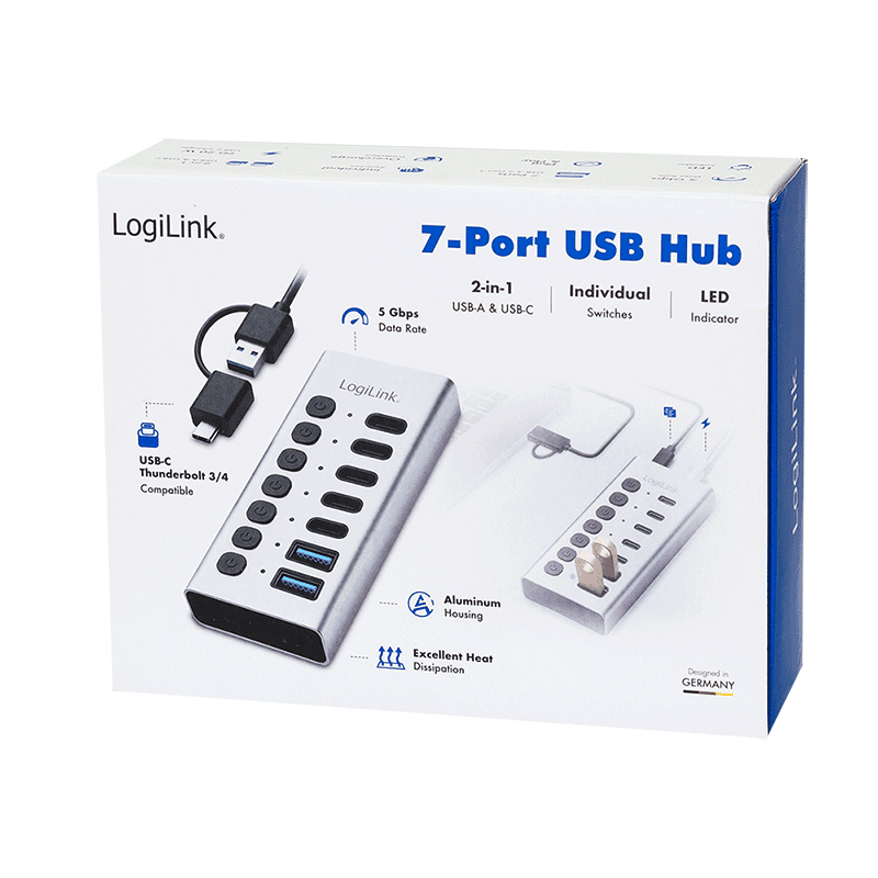 HUB extern LOGILINK, porturi USB: USB 3.2 x 7, conectare prin USB 2.0, protectie supracurent, metal, argintiu, "UA0447" — miniatură