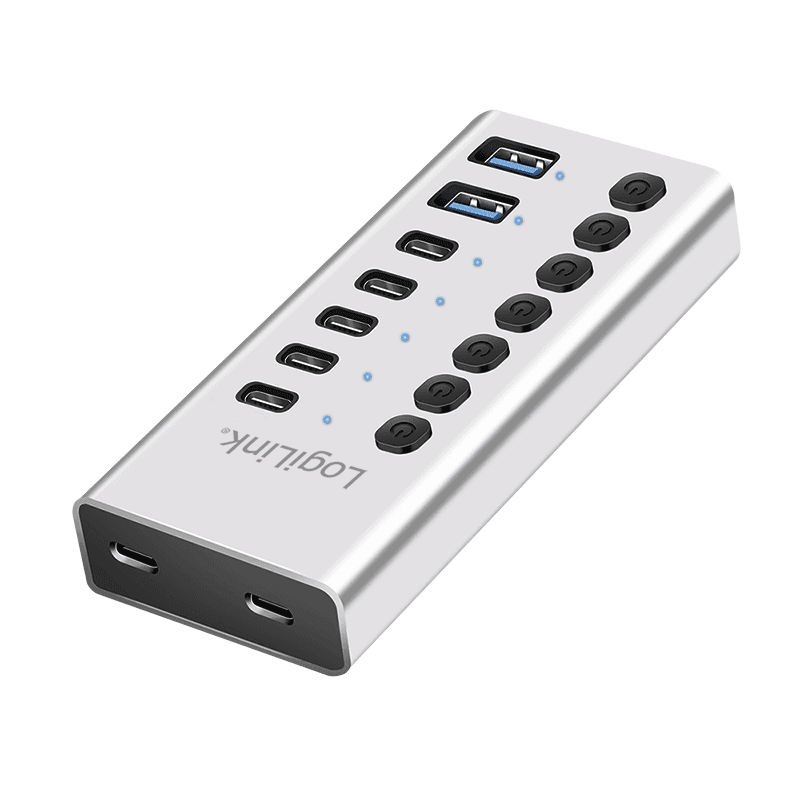 HUB extern LOGILINK, porturi USB: USB 3.2 x 7, conectare prin USB 2.0, protectie supracurent, metal, argintiu, "UA0447"