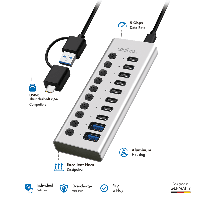 HUB extern LOGILINK, porturi USB: USB 3.0 x 10, conectare prin USB-C 3.0, metal, argintiu, "UA0448" — miniatură