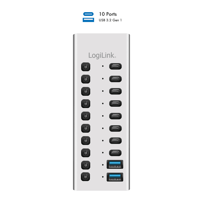 HUB extern LOGILINK, porturi USB: USB 3.0 x 10, conectare prin USB-C 3.0, metal, argintiu, "UA0448" — miniatură