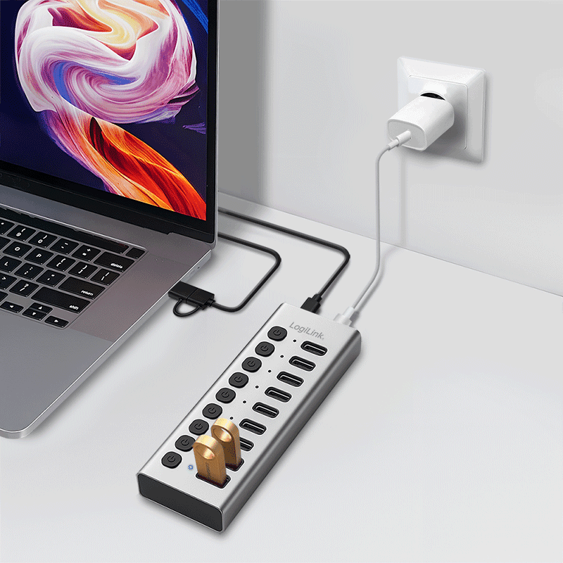 HUB extern LOGILINK, porturi USB: USB 3.0 x 10, conectare prin USB-C 3.0, metal, argintiu, "UA0448" — miniatură