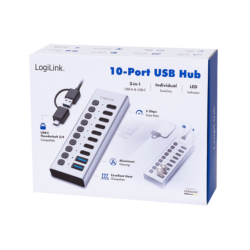 HUB extern LOGILINK, porturi USB: USB 3.0 x 10, conectare prin USB-C 3.0, metal, argintiu, "UA0448" — miniatură