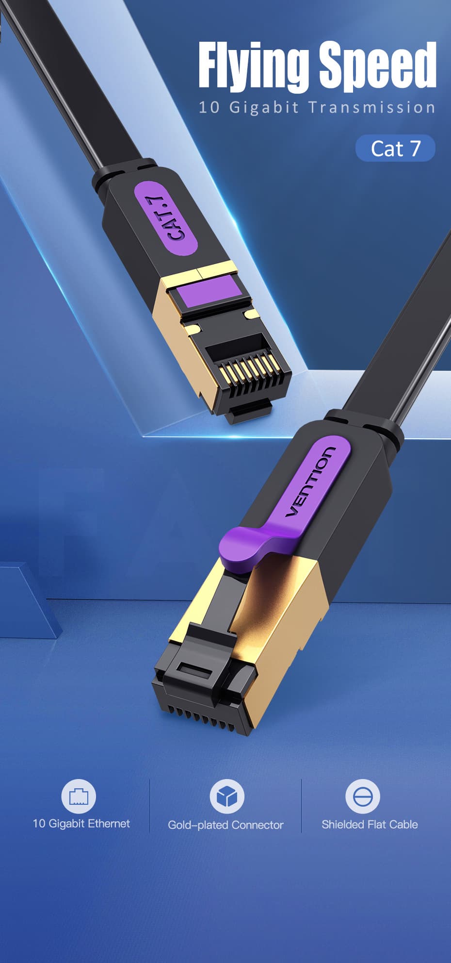 Patch cord SFTP Vention, Cat. 7, RJ-45 (T) la RJ-45 (T), 10m, AWG 28, 10Gbps, ecranat, conectori auriti, negru, "ICABL" - 6922794729872 — miniatură