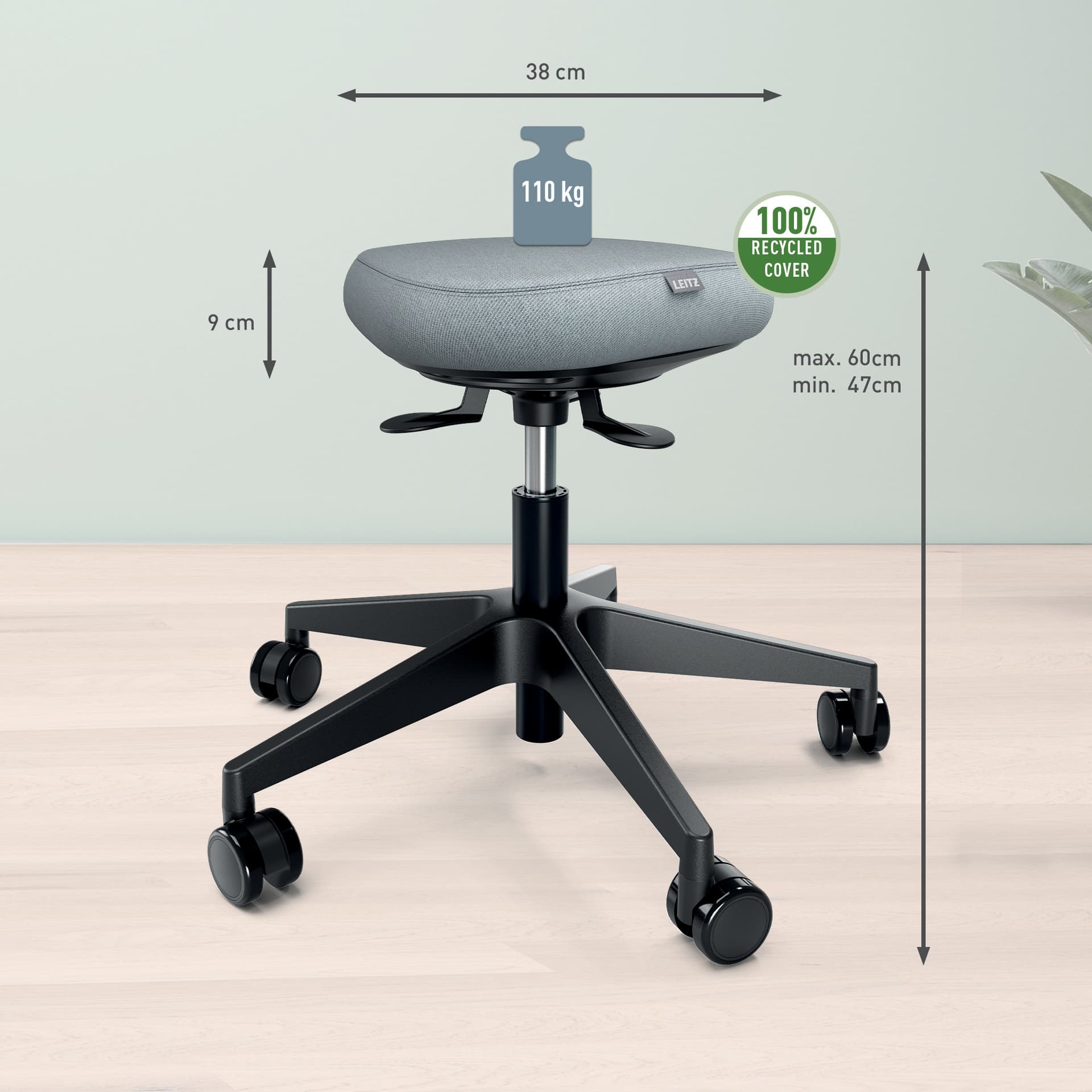 SCAUN ergonomic Leitz Ergo, pozitie sezut/ in picioare, inaltime reg 46-60 cm, 600x600x470 mm, baza rotunjita pt. rotire/ leganare, sezut din spuma, roti pivotante, gri, "65770095" — miniatură