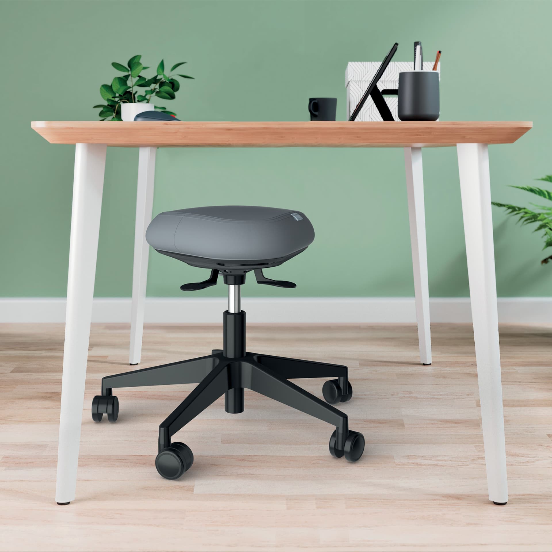 SCAUN ergonomic Leitz Ergo, pozitie sezut/ in picioare, inaltime reg 46-60 cm, 600x600x470 mm, baza rotunjita pt. rotire/ leganare, sezut din spuma, roti pivotante, gri, "65770095" — miniatură