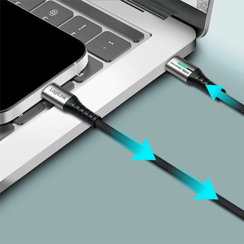 CABLU alimentare si date LOGILINK, pt. smartphone, USB 3.2, USB Gen Type-C (T) la USB Type-C (T), 2m, PD 100W, 3 x ecranat, 4K/60Hz, 20Gbps, LED, metal, negru, "CU0434" — miniatură