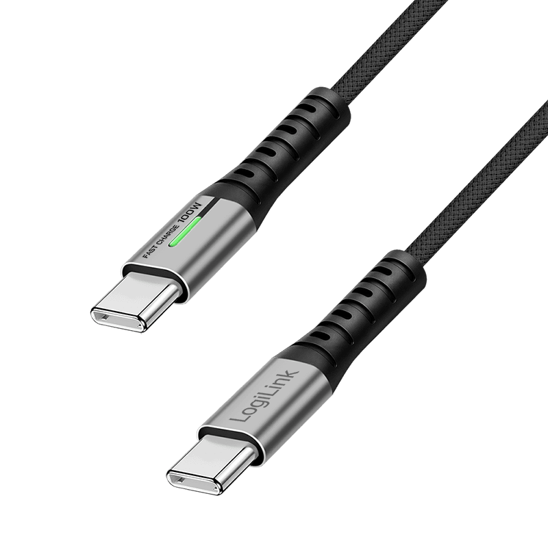 CABLU alimentare si date LOGILINK, pt. smartphone, USB 3.2, USB Gen Type-C (T) la USB Type-C (T), 2m, PD 100W, 3 x ecranat, 4K/60Hz, 20Gbps, LED, metal, negru, "CU0434" — miniatură