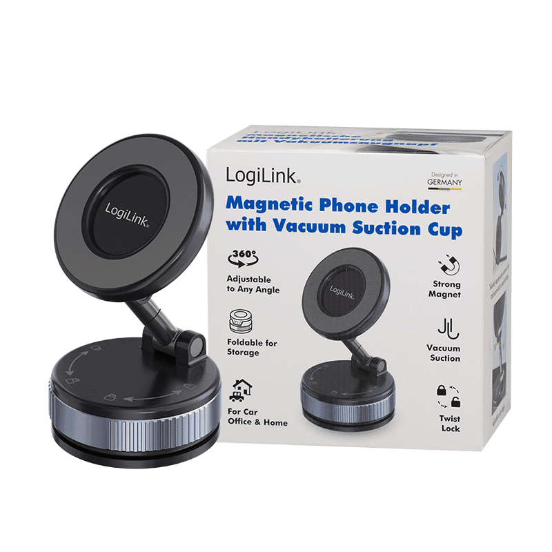CAR HOLDER LOGILINK, magnetic, blocare prin rasucire si ventuza, 2 brate pliabile la 180 grade, rotire 360 grade, multi-suprafete, negru, "AA0198" — miniatură