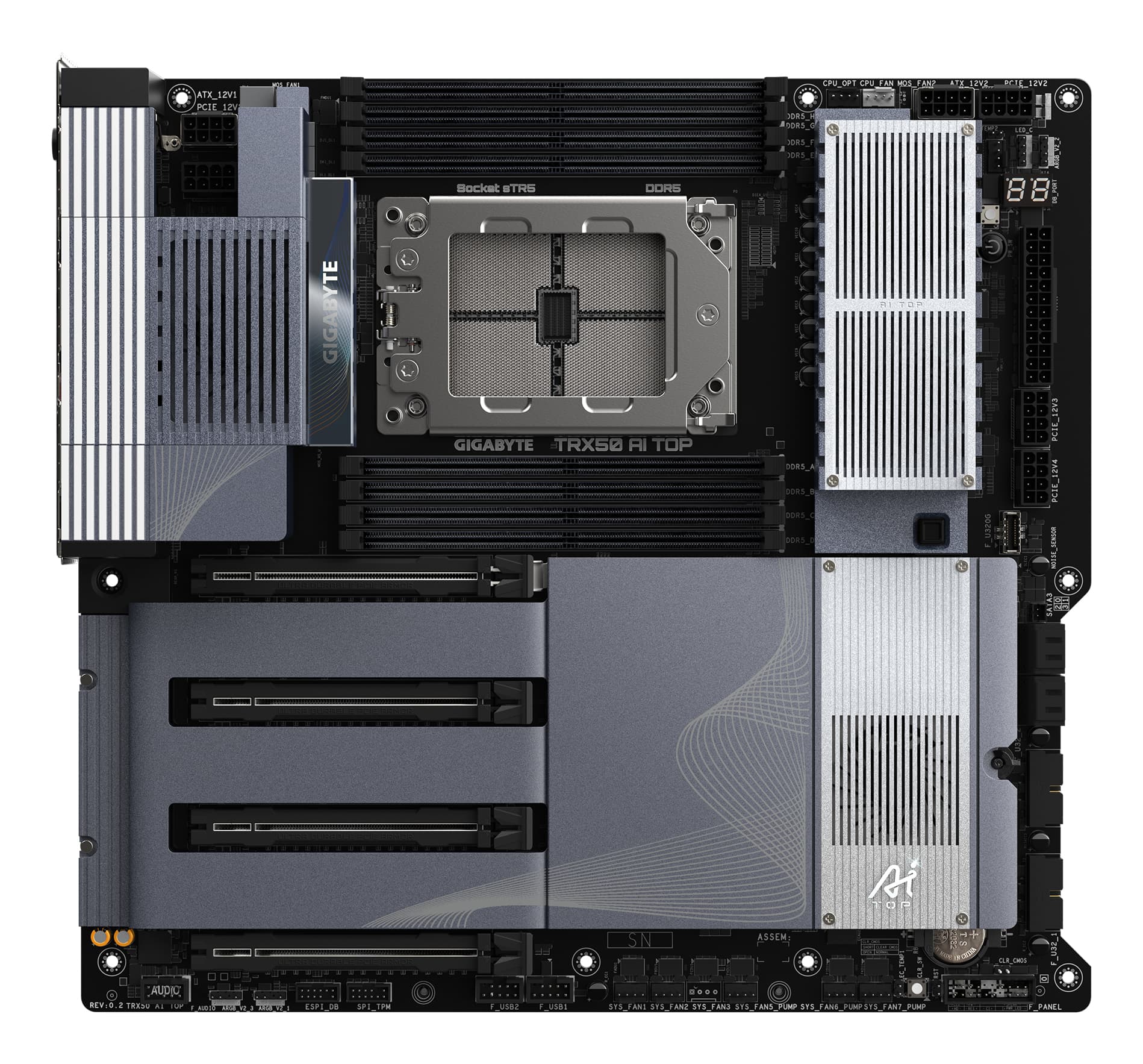 Placa de baza GIGABYTE TRX50 AI TOP, AMD Socket sTR5, TRX50, DDR5, BT, Wi-Fi, E-ATX, Negru "TRX50 AI TOP" — miniatură
