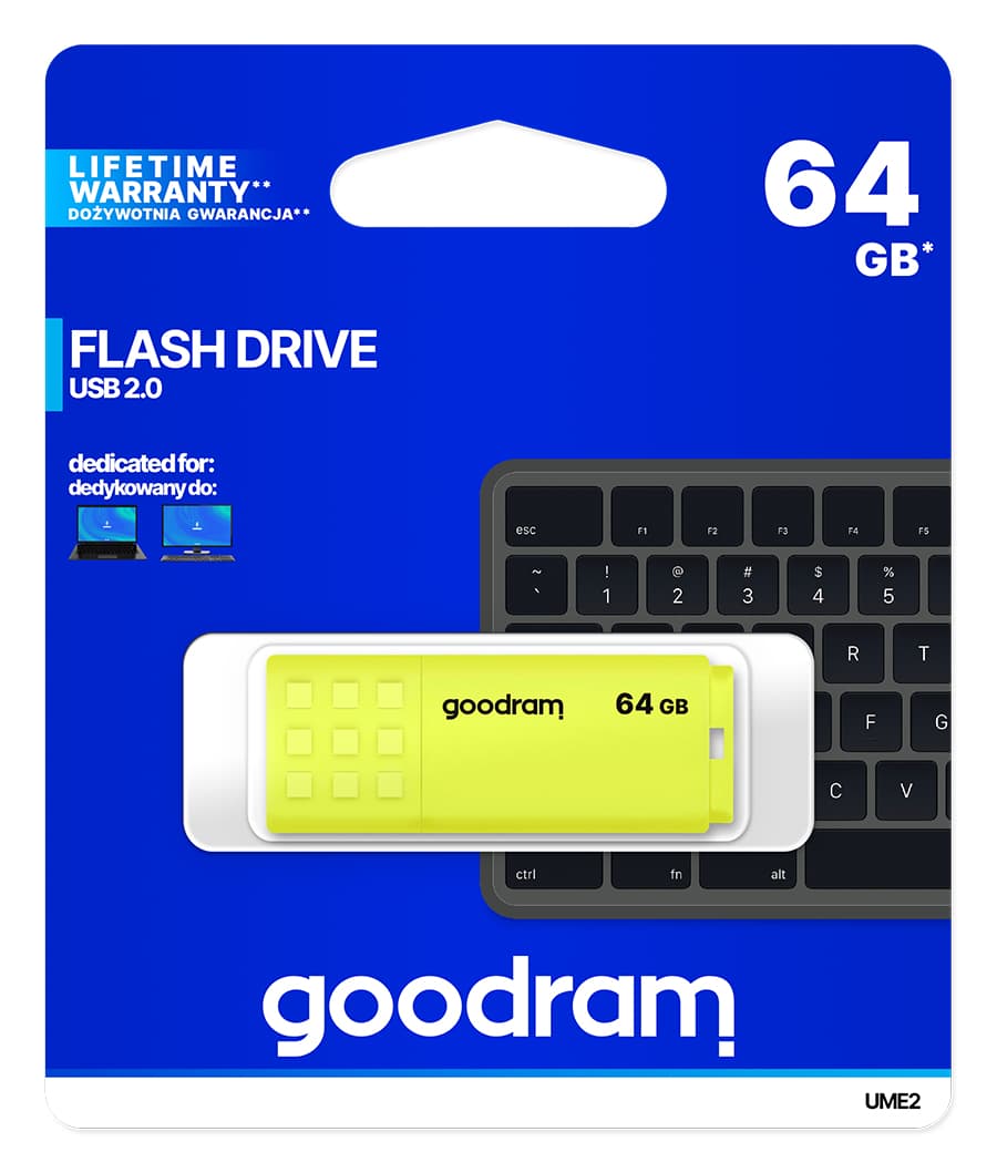 Memorie USB GOODRAM USB flash disk UME2 64GB USB 2.0 galben, Citire 20 MB/s, Sciere 5 MB/s "UME2-0640Y0R11" — miniatură