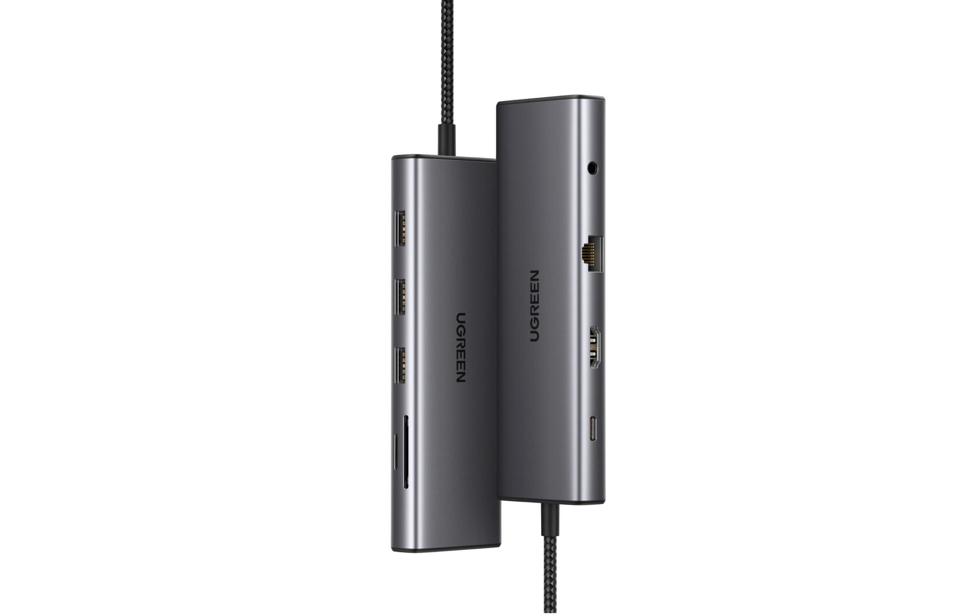 DOCKING Station Ugreen, "CM498" conec PC USB Type-C, HDMI(4K@30Hz), VGA, 3xUSB-A3.0, Gigabit RJ45, card reader SD/TF, jack 3.5mm, PD(100W), aluminiu, gri "15601" — miniatură
