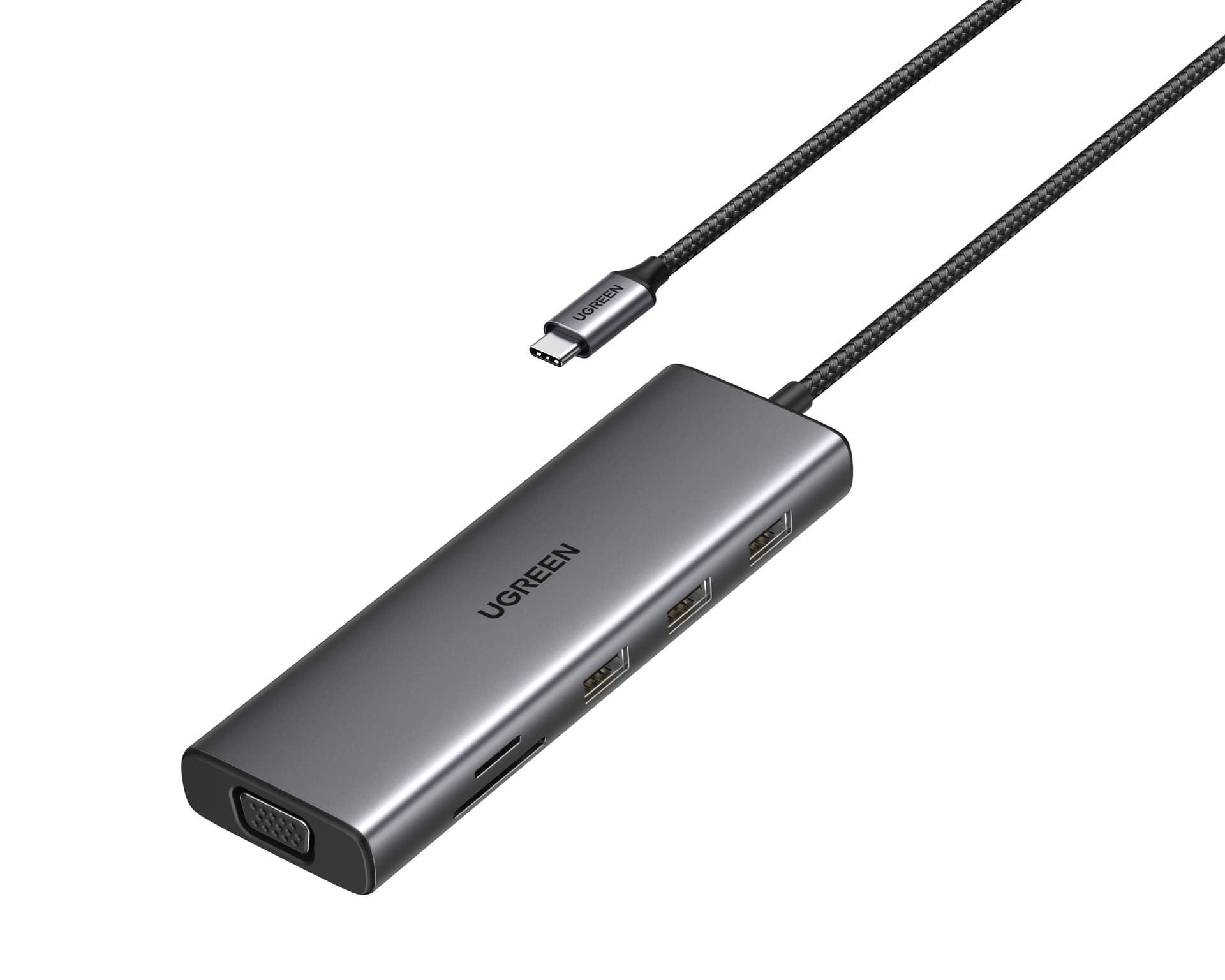 DOCKING Station Ugreen, "CM498" conec PC USB Type-C, HDMI(4K@30Hz), VGA, 3xUSB-A3.0, Gigabit RJ45, card reader SD/TF, jack 3.5mm, PD(100W), aluminiu, gri "15601" — miniatură