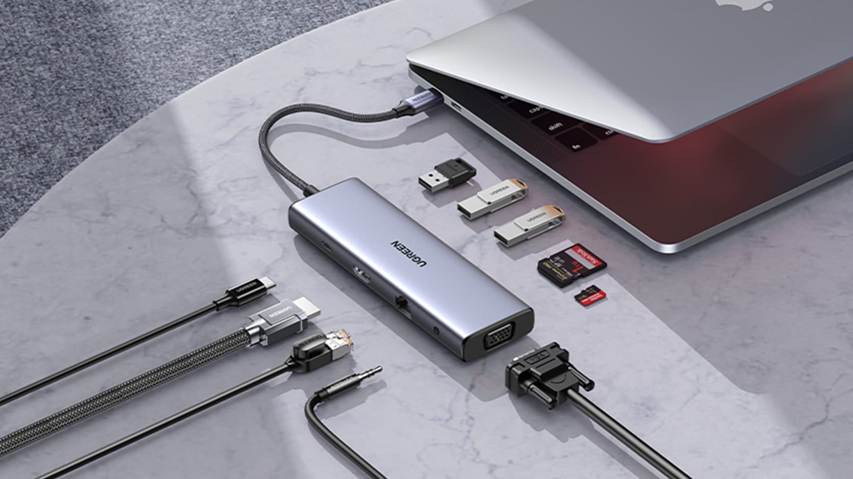 DOCKING Station Ugreen, "CM498" conec PC USB Type-C, HDMI(4K@30Hz), VGA, 3xUSB-A3.0, Gigabit RJ45, card reader SD/TF, jack 3.5mm, PD(100W), aluminiu, gri "15601" — miniatură