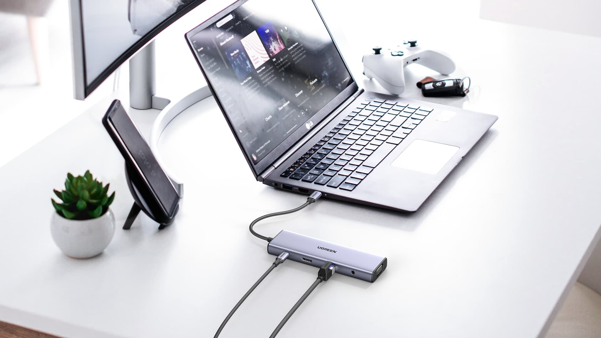DOCKING Station Ugreen, "CM498" conec PC USB Type-C, HDMI(4K@30Hz), VGA, 3xUSB-A3.0, Gigabit RJ45, card reader SD/TF, jack 3.5mm, PD(100W), aluminiu, gri "15601" — miniatură